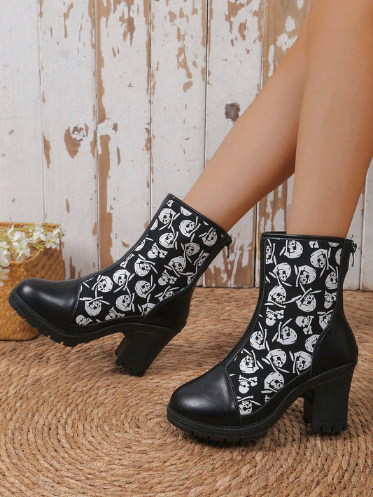 Chic and Stylish Printed Block Heel Short Boots in Black - Fall/Winter 2024 New Arrivals