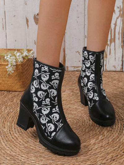 Chic and Stylish Printed Block Heel Short Boots in Black - Fall/Winter 2024 New Arrivals