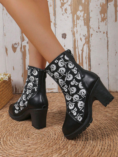 Chic and Stylish Printed Block Heel Short Boots in Black - Fall/Winter 2024 New Arrivals