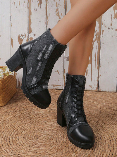 Stylish Lace-Up Thick Heel Ankle Boots for Fall/Winter 2024