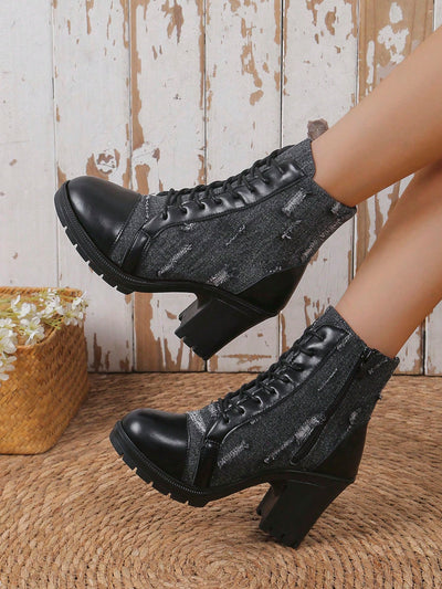 Stylish Lace-Up Thick Heel Ankle Boots for Fall/Winter 2024