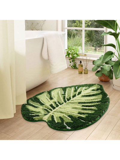 Monstera Leaf Shaped Non-Slip Bath Mat - Absorbent & Washable Floor Carpet