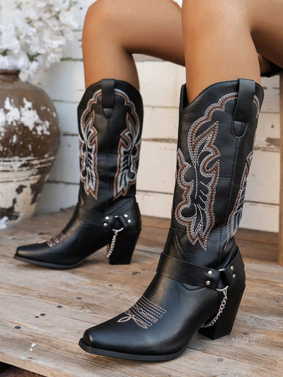 Stylish Embroidered Mid-Calf Western Boots for Women – Perfect for Spring & Autumn Fashion