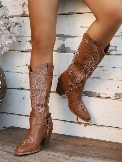 Stylish Embroidered Mid-Calf Western Boots for Women – Perfect for Spring & Autumn Fashion