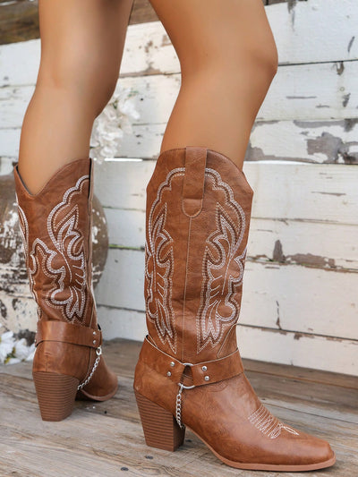 Stylish Embroidered Mid-Calf Western Boots for Women – Perfect for Spring & Autumn Fashion