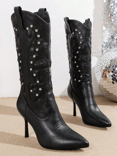 Stylishly Western: Embroidered Rivet V-Cut Boots for Women