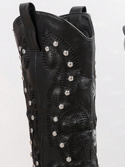 Stylishly Western: Embroidered Rivet V-Cut Boots for Women