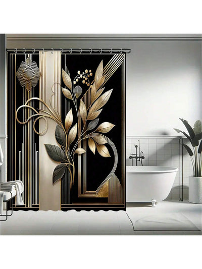 Elegant Plants Line Pattern Waterproof Curtain with Free Hooks - Effortless Bathroom Décor