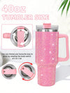 Sparkling 40oz Stainless Steel Car Cup Tumbler with Rhinestones & Straw - Pink Insulated Water Bottle for Home, Office & On-the-Go