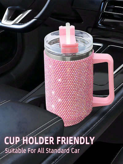 Sparkling 40oz Stainless Steel Car Cup Tumbler with Rhinestones & Straw - Pink Insulated Water Bottle for Home, Office & On-the-Go