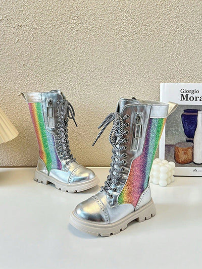 Colorful Rainbow Strap Tall Boots for Kids - Perfect for Autumn, Winter, and Halloween Fun!