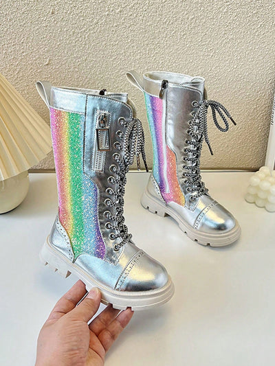 Colorful Rainbow Strap Tall Boots for Kids - Perfect for Autumn, Winter, and Halloween Fun!