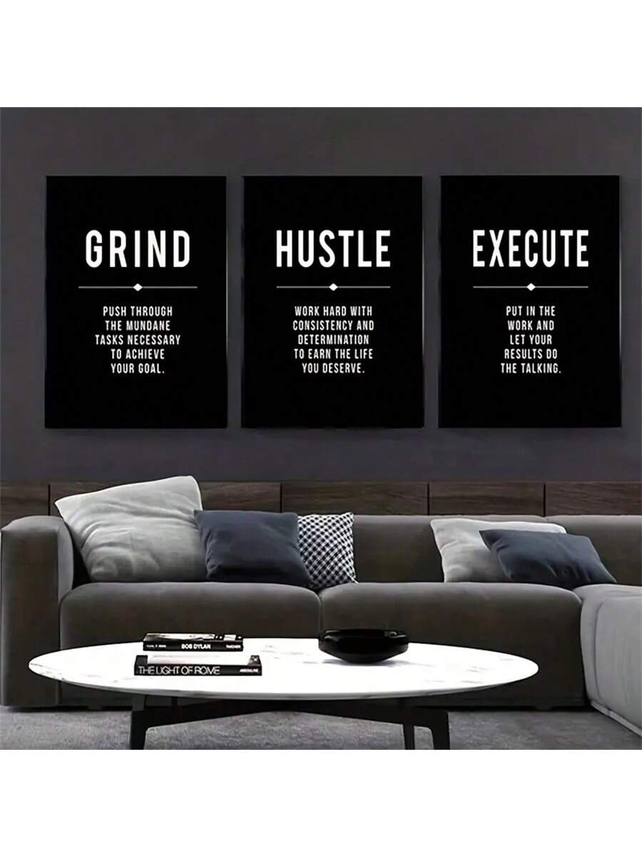 Enhance your bedroom walls with our Grind and Hustle Motivational Canvas Poster Set. Featuring modern art, these posters will inspire you to hustle and achieve your goals. Made with high-quality canvas, these posters will add a touch of motivation and style to any room. Own your success with this set today.
