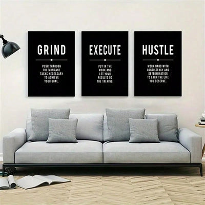 Grind and Hustle Motivational Canvas Poster Set: Modern Art Decor for Bedroom Walls