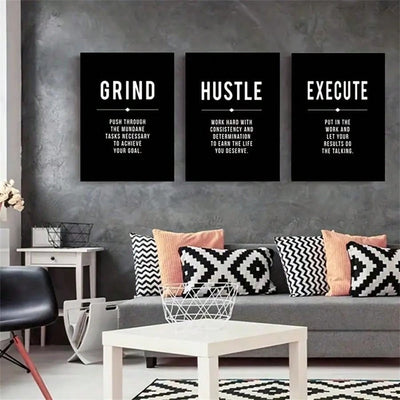 Grind and Hustle Motivational Canvas Poster Set: Modern Art Decor for Bedroom Walls