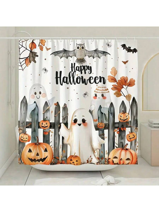 Spooky Chic: Halloween Shower Curtain Set with Ghost and Pumpkin Design