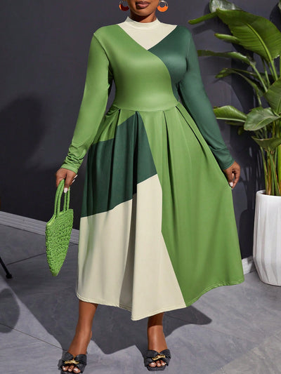 Chic Geometric Color Block Plus Size A-Line Dress for Every Occasion