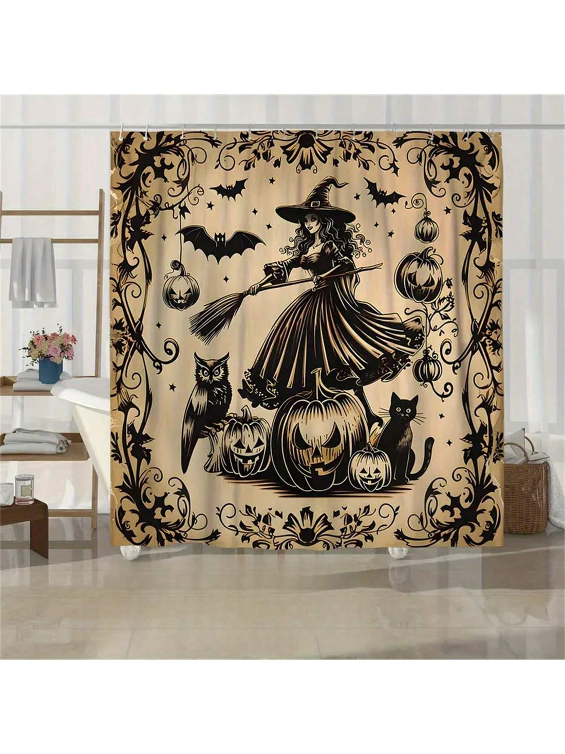 This Pumpkin Patch Shower Curtain will add a touch of spooky charm to your bathroom decor this Halloween. With 12 hooks included, it's easy to hang and adds a festive touch to any shower. Made from durable materials, this curtain is perfect for long-lasting use.
