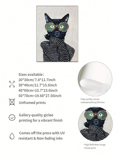 Chic Feline Fashion Canvas Art - Striped Shirt & Round Glasses Cat Wall Decor