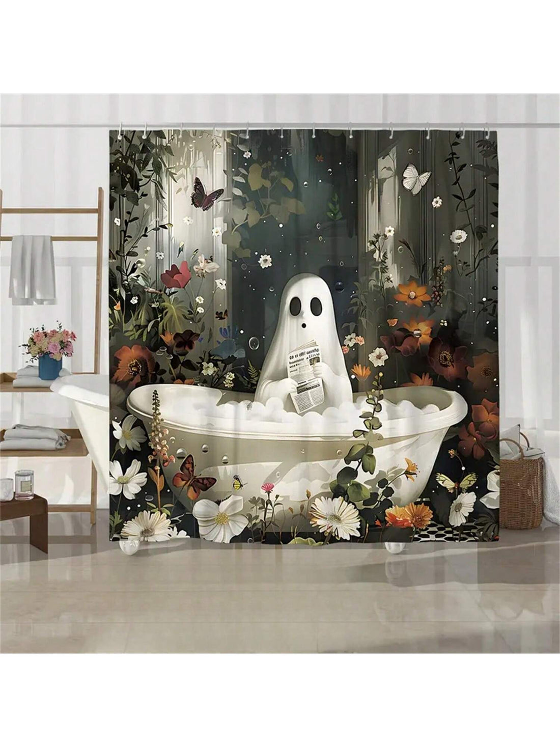 Introducing the Ghoulishly Cute Halloween Ghost Pumpkin Shower Curtain Set, perfect for a spooky bathroom decor. Made with high-quality material, this set features a charming design of ghosts and pumpkins that will transform your bathroom into a festive and fun space. Elevate your Halloween decor with this must-have set.