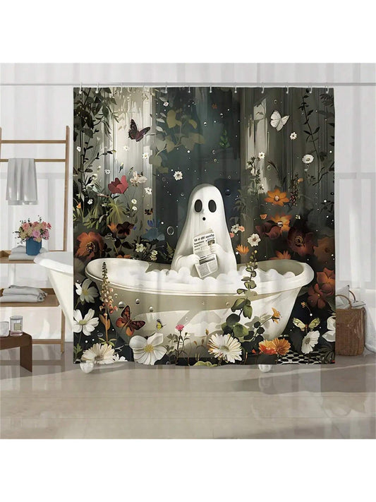 Ghoulishly Cute Halloween Ghost Pumpkin Shower Curtain Set for Spooky Bathroom Decor