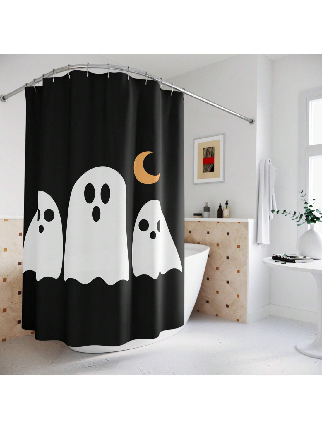 Introduce some spookiness to your bathroom with our Spooky Shower: Halloween Ghost Print Waterproof Curtain. Featuring a unique ghost print, this curtain is not only decorative, but it also keeps your bathroom floor dry with its waterproof material. Comes with hooks for easy installation.