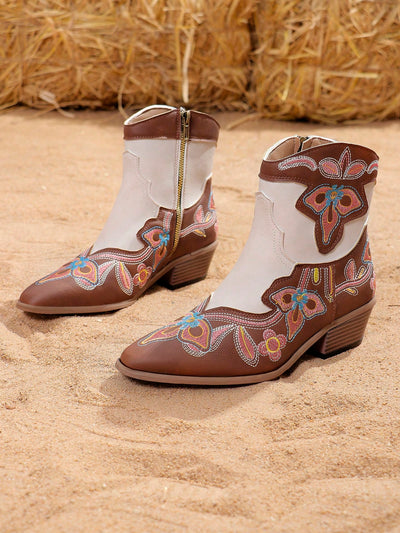 Fall Fashion Statement: Women's Embroidered Short Boots with Chunky Heel