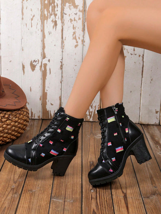 Floral Lace-Up Chunky Heel Black Ankle Boots: Fall/Winter 2024