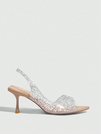 Elegant Nude Rhinestone PVC Peep-Toe Kitten Heel Sandals for Every Occasion