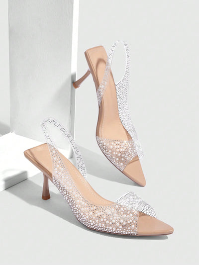 Elegant Nude Rhinestone PVC Peep-Toe Kitten Heel Sandals for Every Occasion