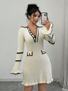 Chic Blocked Elegance: Women’s Ribbed Knitted Long Sleeve Sweater Dress