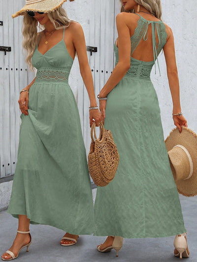 Chic Hollow Spaghetti Strap Backless Flare Dress for Effortless Vacation Style