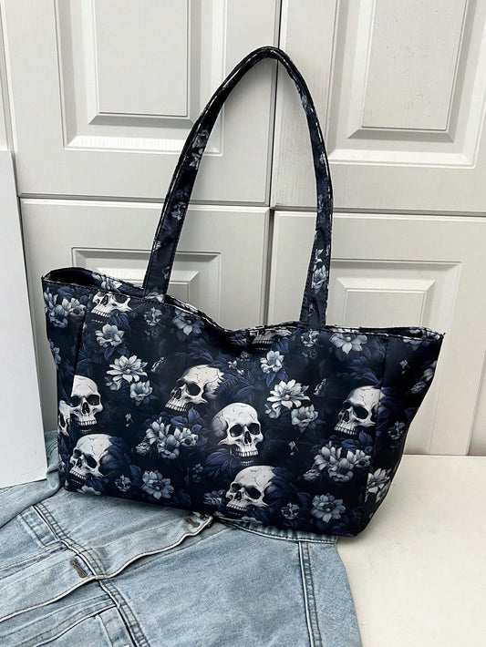 Skull Shoulder Tote - Vintage Canvas Shopping Bag for Women, Perfect for School, Work, and Shopping