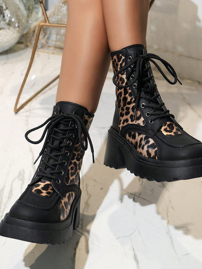 Leopard Print Chunky Platform Ankle Boots: Women's Color Block Martens Boot