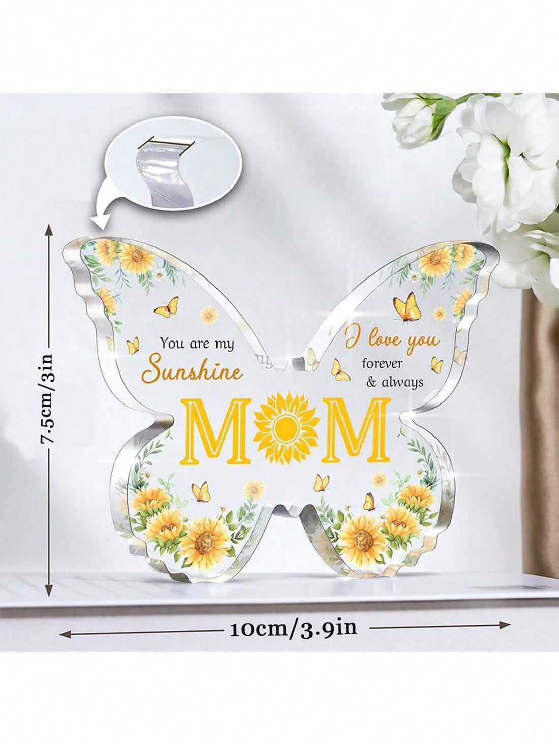 Celebrate Mom's birthday with this elegant acrylic butterfly plaque. Perfect for daughters & sons to express their heartfelt love. The laser-cut butterfly design and heartfelt message will surely bring a smile to Mom's face. Make her day extra special with this unique birthday gift that she'll cherish forever.