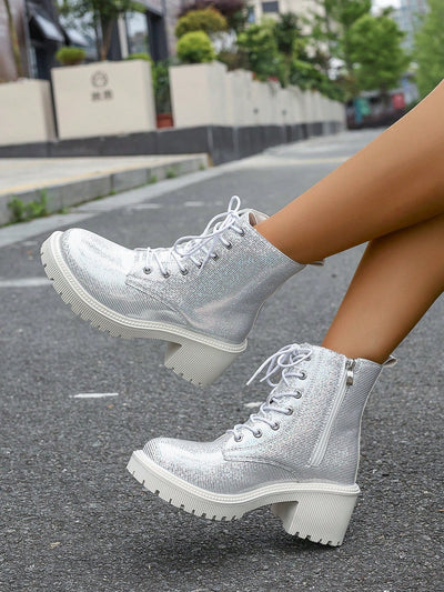 European-American Chunky Heel Ankle Boots - Shiny Silver Motorcycle Boots for Winter