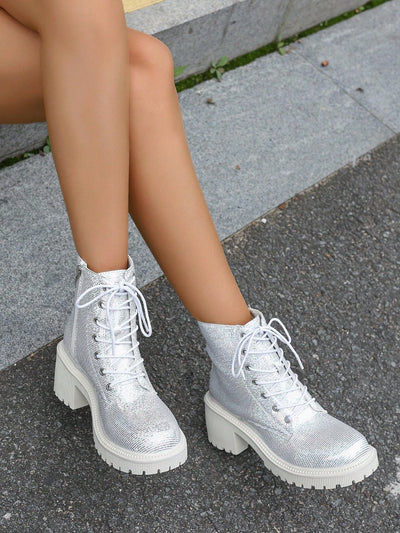 European-American Chunky Heel Ankle Boots - Shiny Silver Motorcycle Boots for Winter