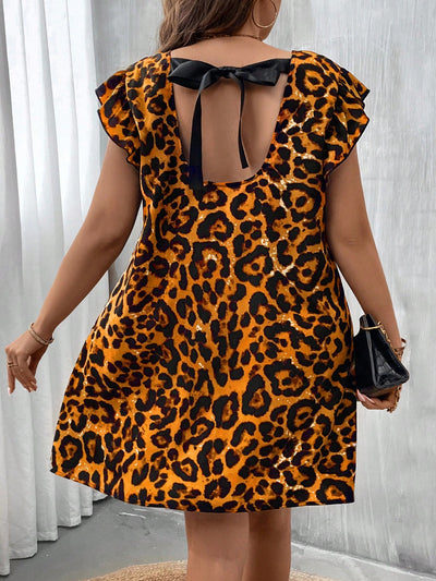 Unleash Your Wild Side: Plus Size Backless Leopard Print Swing Dress with Flare Sleeves