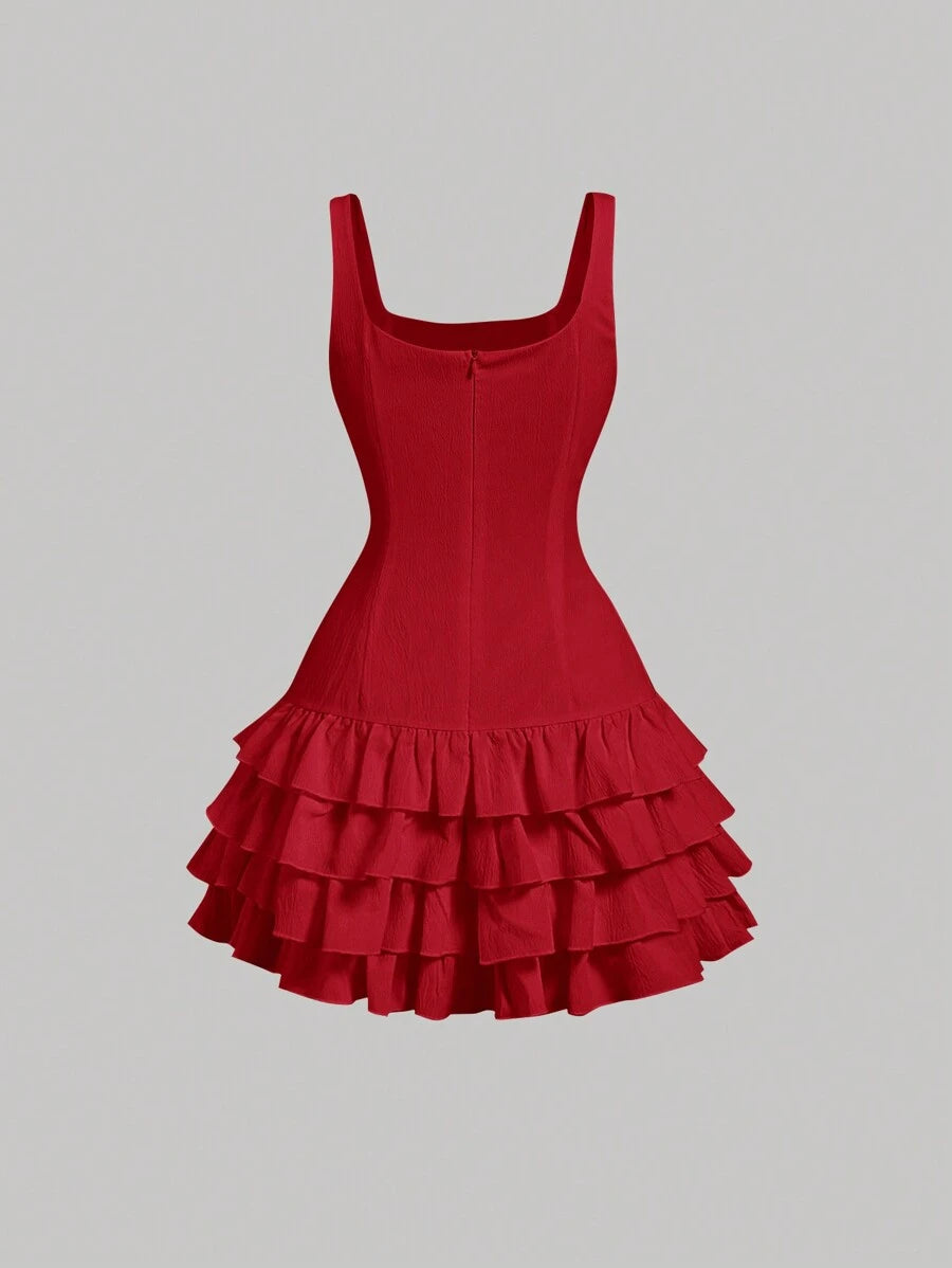 Chic Layered Cake Dress with Square Neck – Perfect Summer, Graduation, and Wedding Attire 