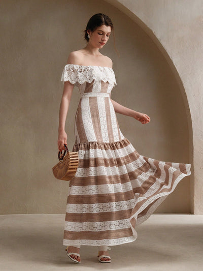 Elegantly Chic Off-Shoulder Lace Ruffle Maxi Dress with Cinched Waist