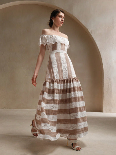 Elegantly Chic Off-Shoulder Lace Ruffle Maxi Dress with Cinched Waist