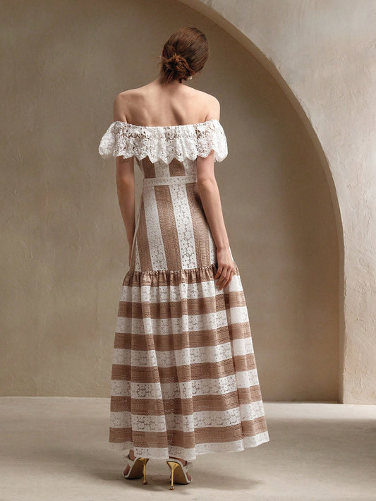 Elegantly Chic Off-Shoulder Lace Ruffle Maxi Dress with Cinched Waist