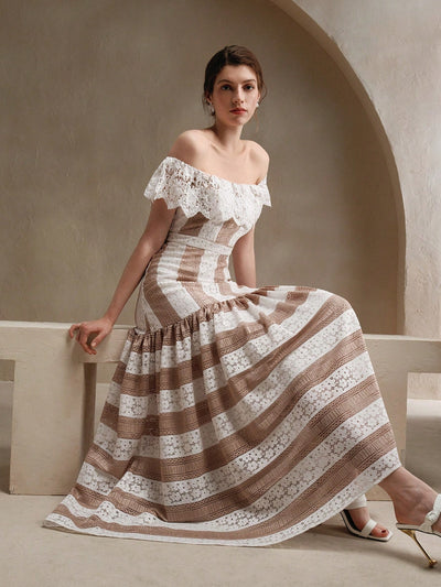 Elegantly Chic Off-Shoulder Lace Ruffle Maxi Dress with Cinched Waist