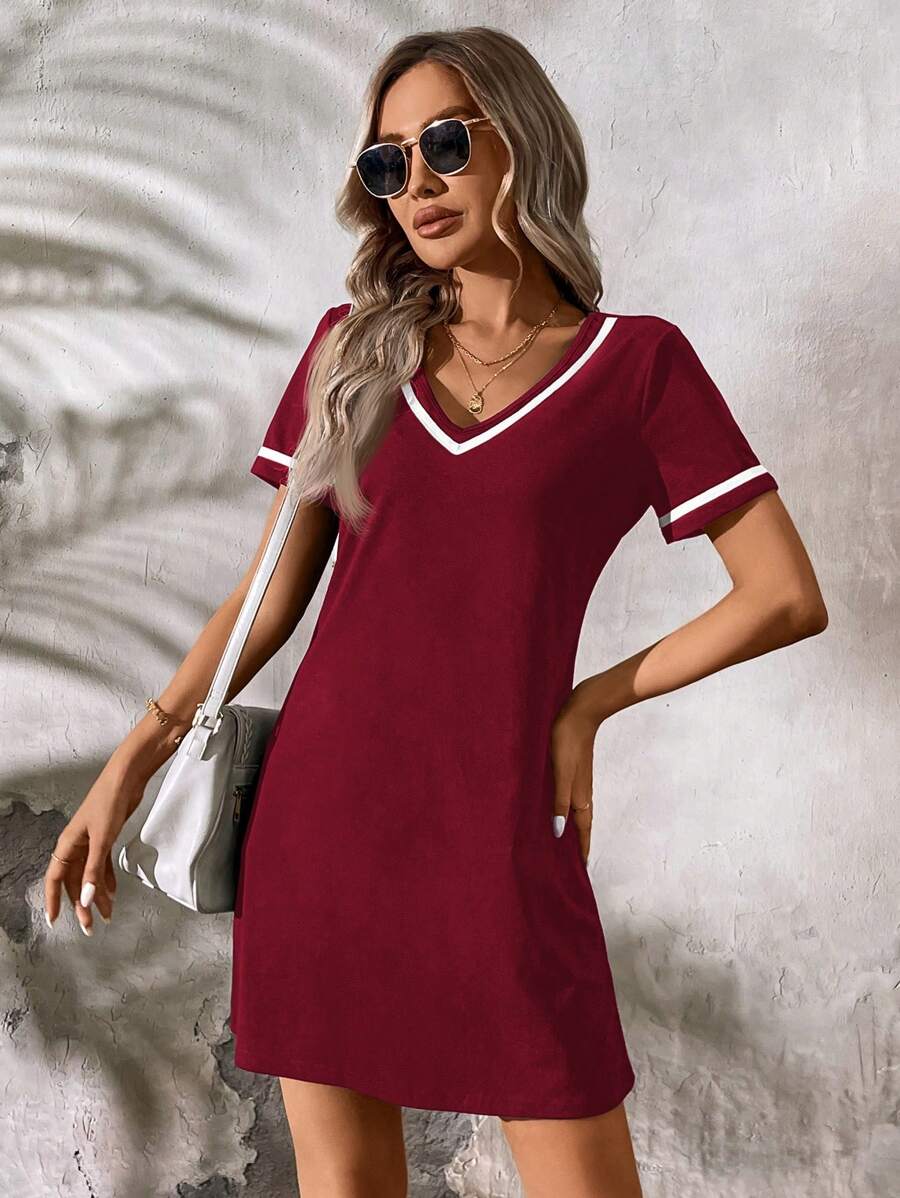 contrast trim V neck short sleeve T shirt mini dress image 6