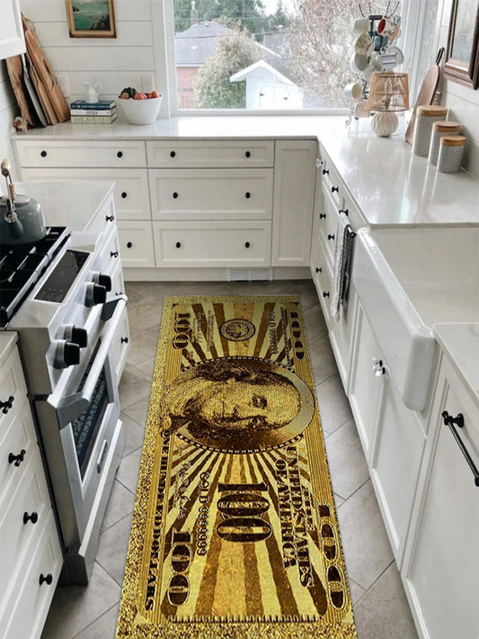 Enhance your home with our luxurious Luxe Golden Dollar Carpet. Its unique design featuring golden dollar signs brings a touch of elegance and luck. Made with high-quality materials, it adds a touch of wealth and sophistication to any room. Upgrade your living space with this fashionable piece.