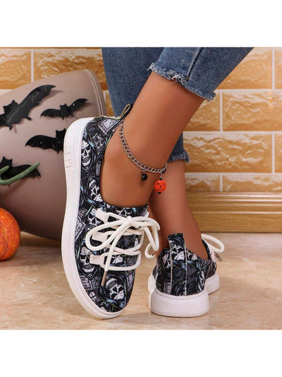 Skull Print Lace-Up Sneakers: Spooky Style for Halloween 2024