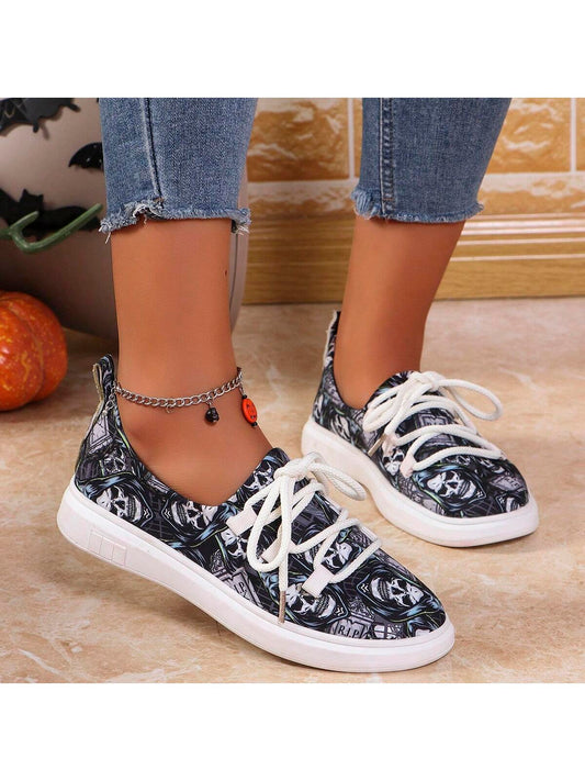 Skull Print Lace-Up Sneakers: Spooky Style for Halloween 2024