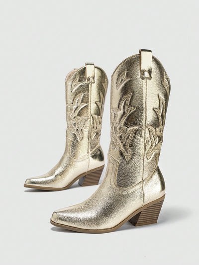 Chic Golden Suede Pointed Toe Chunky Heel Western Boots - Perfect for Fall & Winter