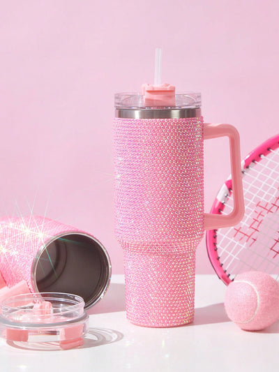 Sparkling 40oz Stainless Steel Car Cup Tumbler with Rhinestones & Straw - Pink Insulated Water Bottle for Home, Office & On-the-Go