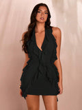 Black sleeveless halter mini dress with plunging neckline and cascading ruffles